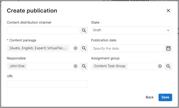 Create publication modal window