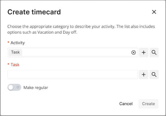 Create timecard modal window