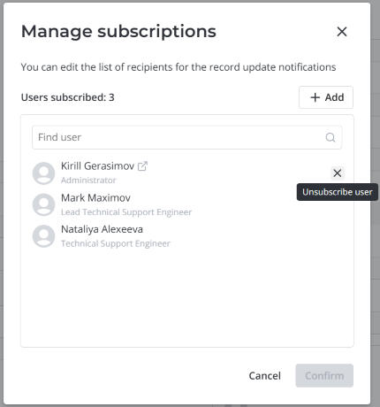 Unsubscribe a user in the Manage subscriptions modal window
