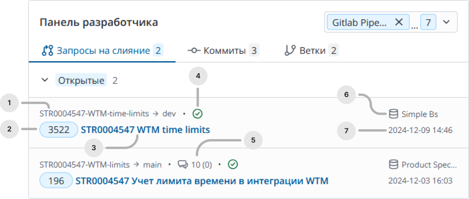 Панель разработчика - запросы на слияние