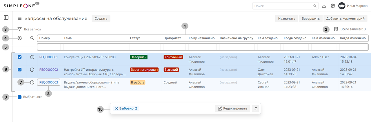 Интерфейс списка